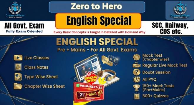 English Special course banner for SSC CGL, MTS, Steno, CPO, Railway and Police exam preparation by DreamOfficer